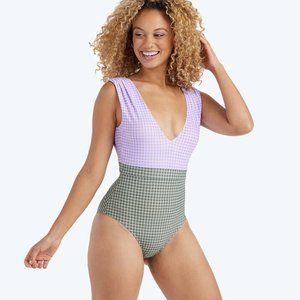 SUMMERSALT purple green Ruched Backflip one piece in lavender and ivy gingham